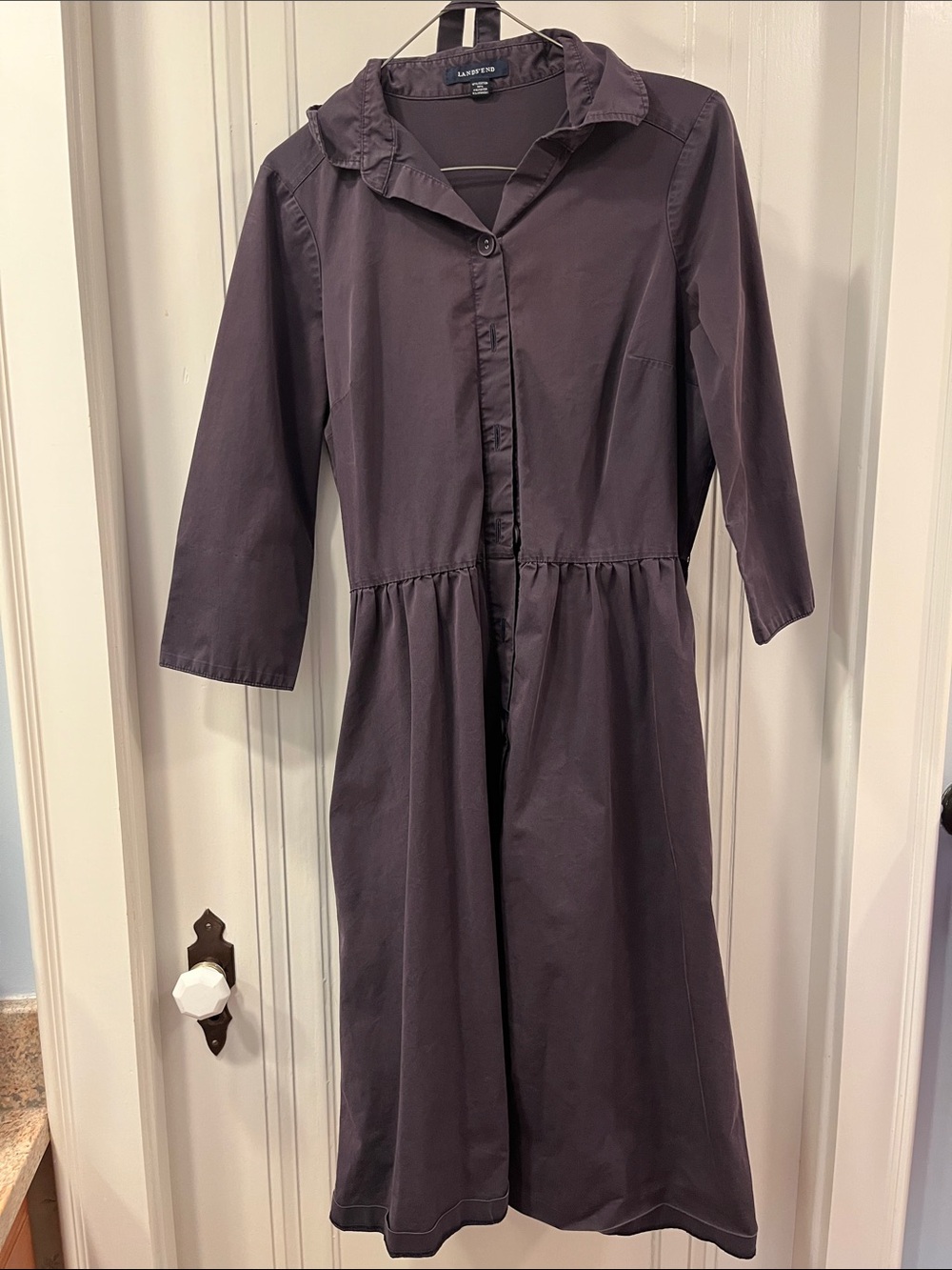 Lands End navy blue button front shirt dress size 2 with self-belt and POCKETS